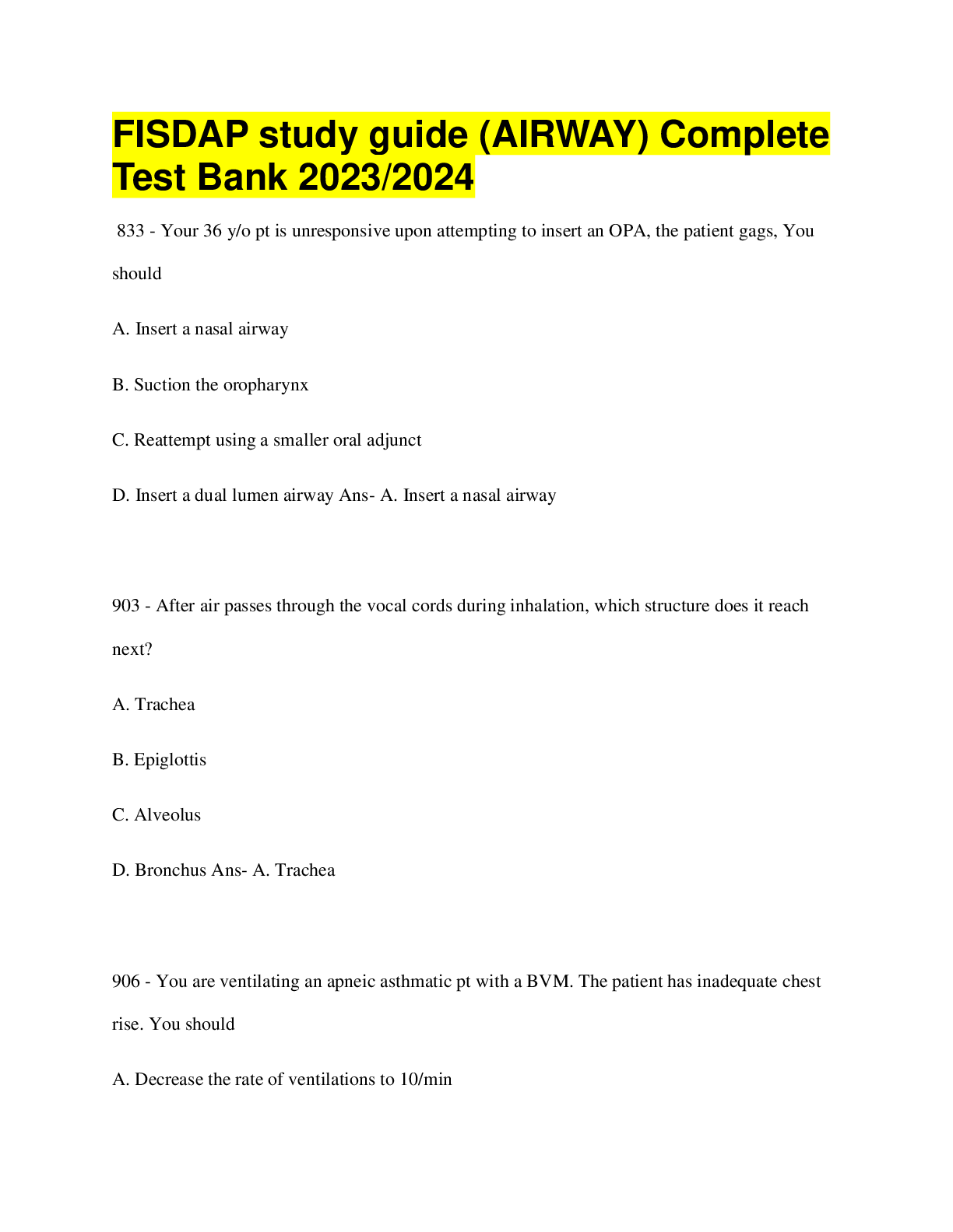 Preview image for FISDAP study guide (AIRWAY) Complete  Test Bank 2023/2024